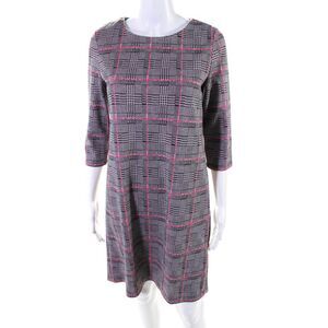 Montego Womens Knit Plaid Long Sleeve Round Neck Sheath Dress Gray Pink Size S